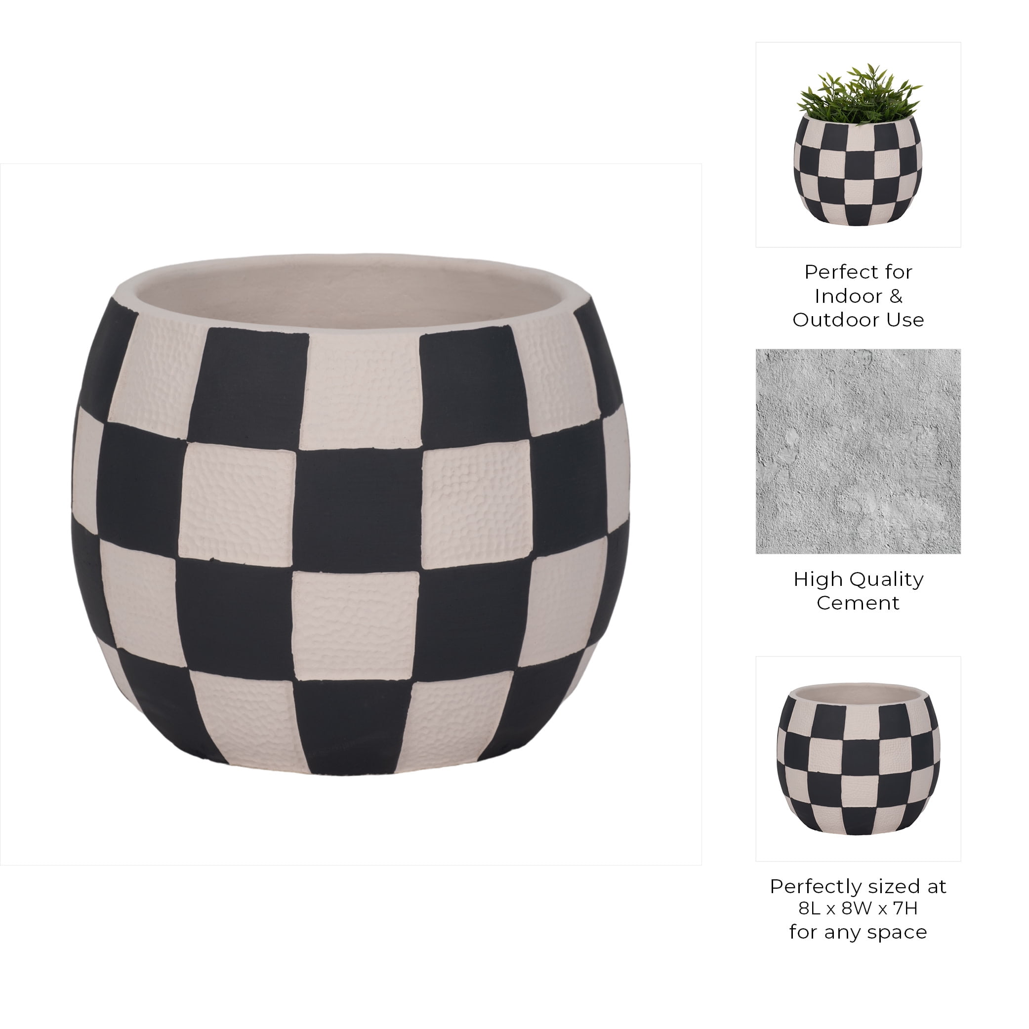 Modern Rounded Checkerboard Flower Pots for Home Decor Styling - Refined Planters with Graphic Pattern Detail - Decorative Planter Accent for Indoor Plants and Outdoor Use - 7", Black & White