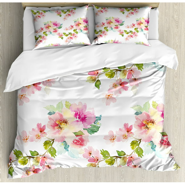 Floral Duvet Cover Set Watercolor Stylized Shabby Chic Nature Petals In Soft Tones Artsy Picture Decorative Bedding Set With Pillow Shams Pale Pink Fern Green By Ambesonne Walmart Com Walmart Com