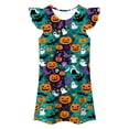 thumbnail image 4 of WAYUTE Girls Halloween Flutter Sleeve Dress Cartoon Pumpkin Print Soft Lightweight A Line Dress for Theme Party Casual Holiday,Dark Green,Size 5-6 Y, 4 of 4