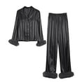 thumbnail image 4 of Vertical Stripes Women Long Sleeves Women 3 In 1 Delivery/Labor/Maternity/Nursing Nightgown Short Women Pajamas Set Heart Print Satin Trim Long Sleeve Shirt Pants Set Pajama Sets, 4 of 5