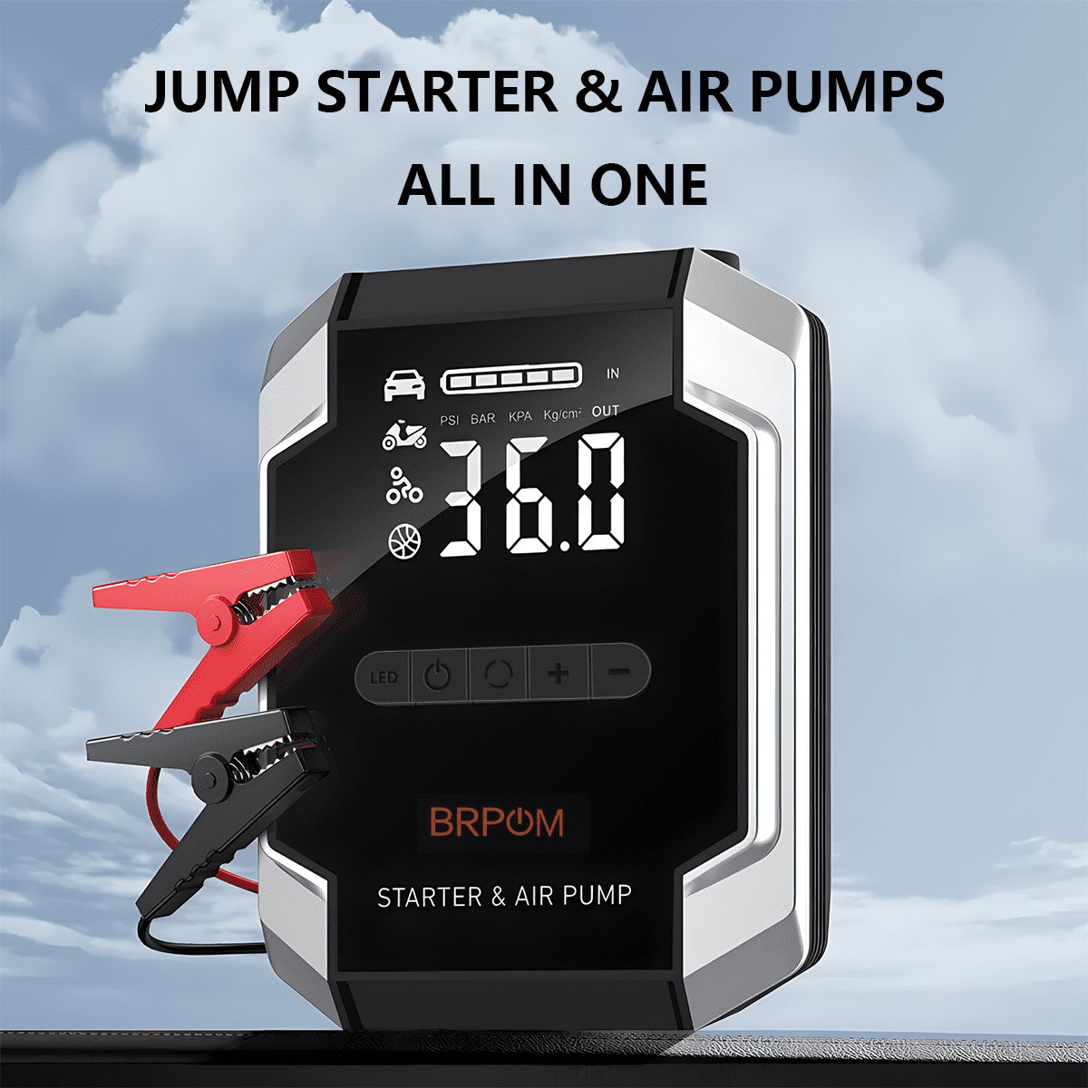 BRPOM 8500A Car Jump Starter with Air Compressor 150PSI, 10000mAh Portable Car Battery Jump Starter Box 12V (All Gas/10L Diesel), QC 3.0 Power Bank, LCD Display, LED Emergency Light, Jumper