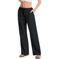 thumbnail image 2 of Women Cotton Linen Summer Palazzo Pants Drawstring Waist Wide Leg Lightweight Beach Trousers with Pockets, 2 of 10