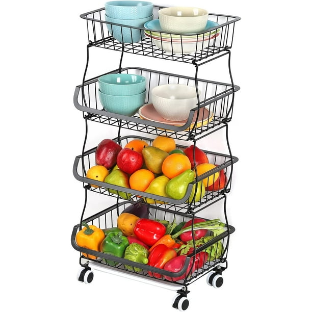 4 Tier Fruit Storage Basket Stand Kitchen Rolling Cart Vegetable Fruit
