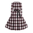 thumbnail image 5 of Hogleaql Womens Long Sleeve Dress Crew Neck Dressy A-Line Plus Size Swing Dress Checkered Striped Print Lightweight Knee Length Retro Fall Casual Flowy Bow Tie Skirts Wine M, 5 of 5