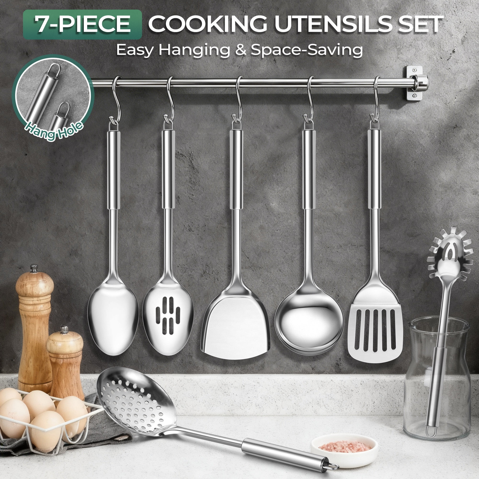 Walchoice Kitchen Utensils Set, 7 PCS Stainless Steel Cooking Tools, Metal Kitchen Tools Set, Heat Resistant & Dishwasher Safe