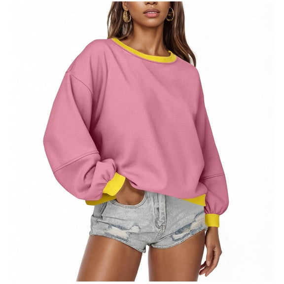 Women Oversized Crewneck Sweatshirt Drop Shoulder Long Sleeve Colorblock Casual Pullover Spring Fall Winter Tops (XL, Pink)