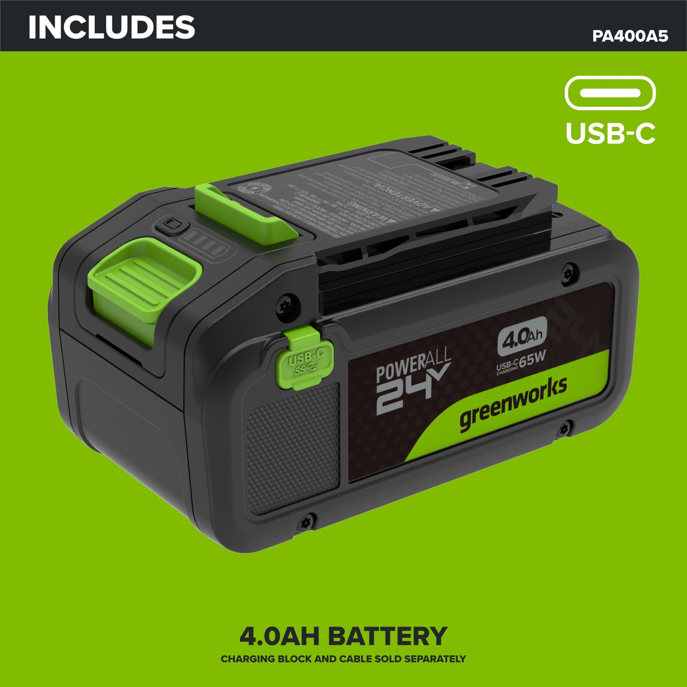 Greenworks PowerAll 24V 4Ah Battery with 65W USB-C Charger, PA400A5