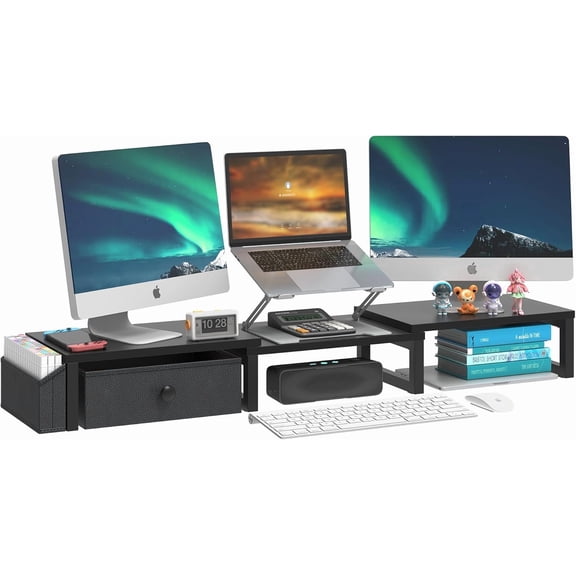 Dual Monitor Stand with Drawer and Side Pockets, Monitor Riser for Desk, Home Office Desk Storage, Multi-Scenario Adaptation for Work and Entertainment, Black, HMS02BK