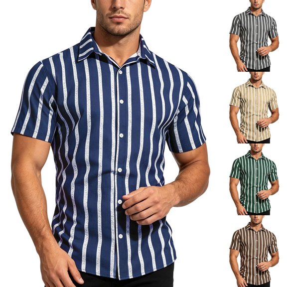 Men's Summer Lapel Button Striped Shirt Casual Short Sleeve Tops Lightweight Breathable Comfortable Fashion Daily Office Beach Vacation Outfits | JASKFLY,Army Green L