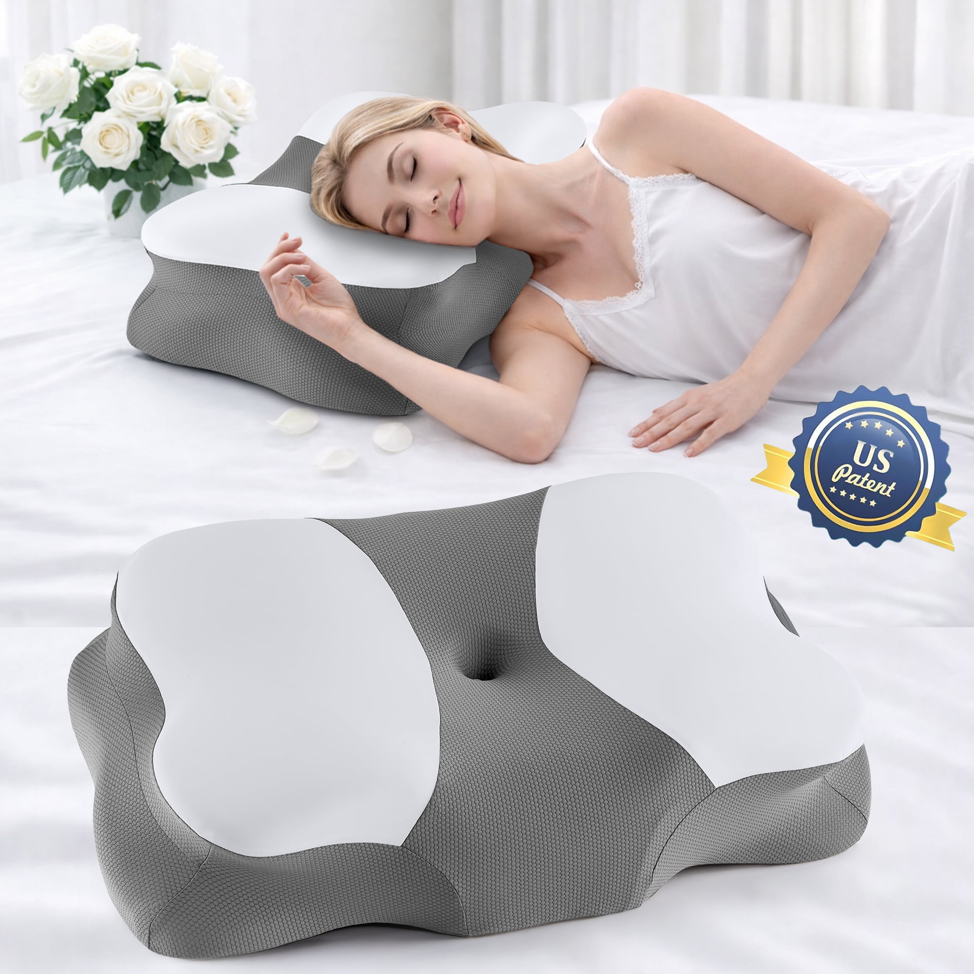 KAIPARA Memory Foam Cervical Pillow for Sleeping, Ergonomic Butterfly Contour Bed Pillow with Cooling Ice Silk Cover for Side, Back & Stomach Sleepers, Grey & White
