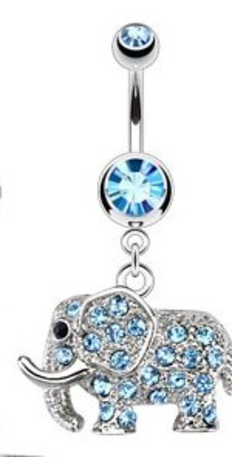 Belly Button Ring 316L Surgical Steel Multi Paved CZs Elephant Dangle Navel 706461668956 