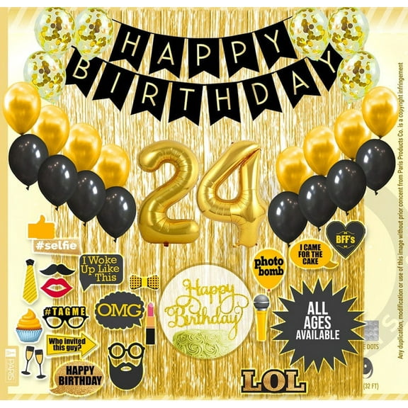 24th Birthday Decoration Black and Gold for Boy & Girl, 24th Cake Topper, 24th Party Supplies for Her and Him, 24th Birthday Photo Props