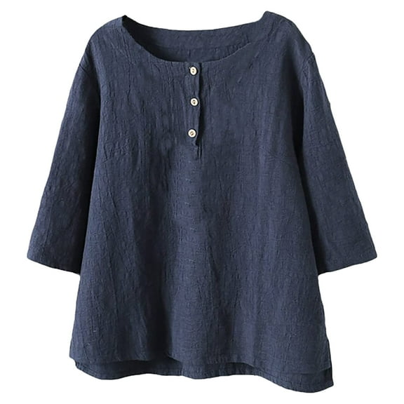fartey Womens Cotton Linen Tops Button up High Low Hem Casual Summer Tshirts Loose Fit Crewneck 3/4 Sleeve Solid Color Blouses