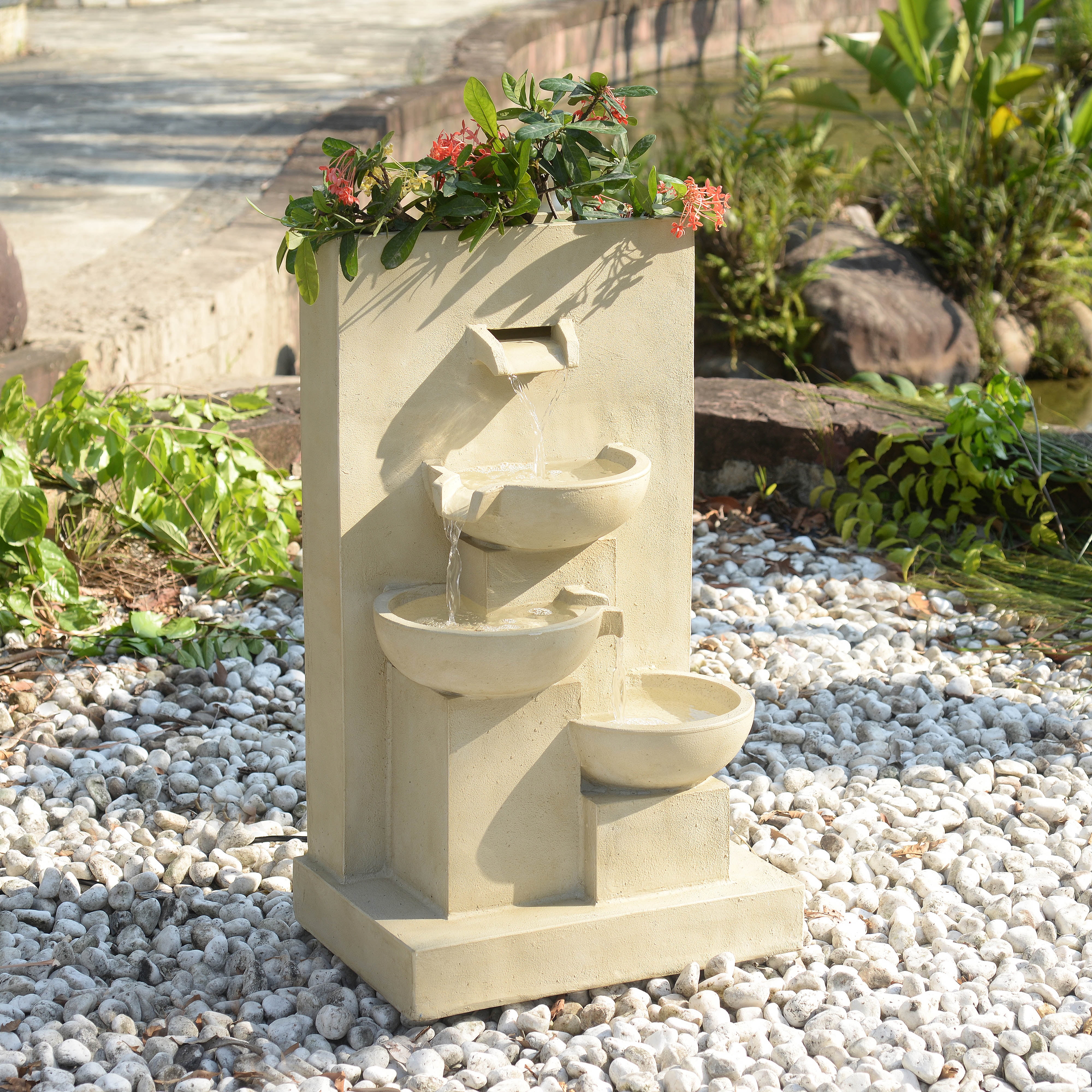 Teamson Home 3-Tier Cascading Outdoor Water Fountain with Planter & LED Lights, Natural