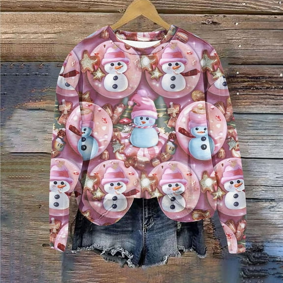 WXLWZYWL Womens Christmas Sweatshirts Cute Xmas Ugly 3D Graphic Print Sweaters Oversized Long Sleeve Round Neck Pullover Tops