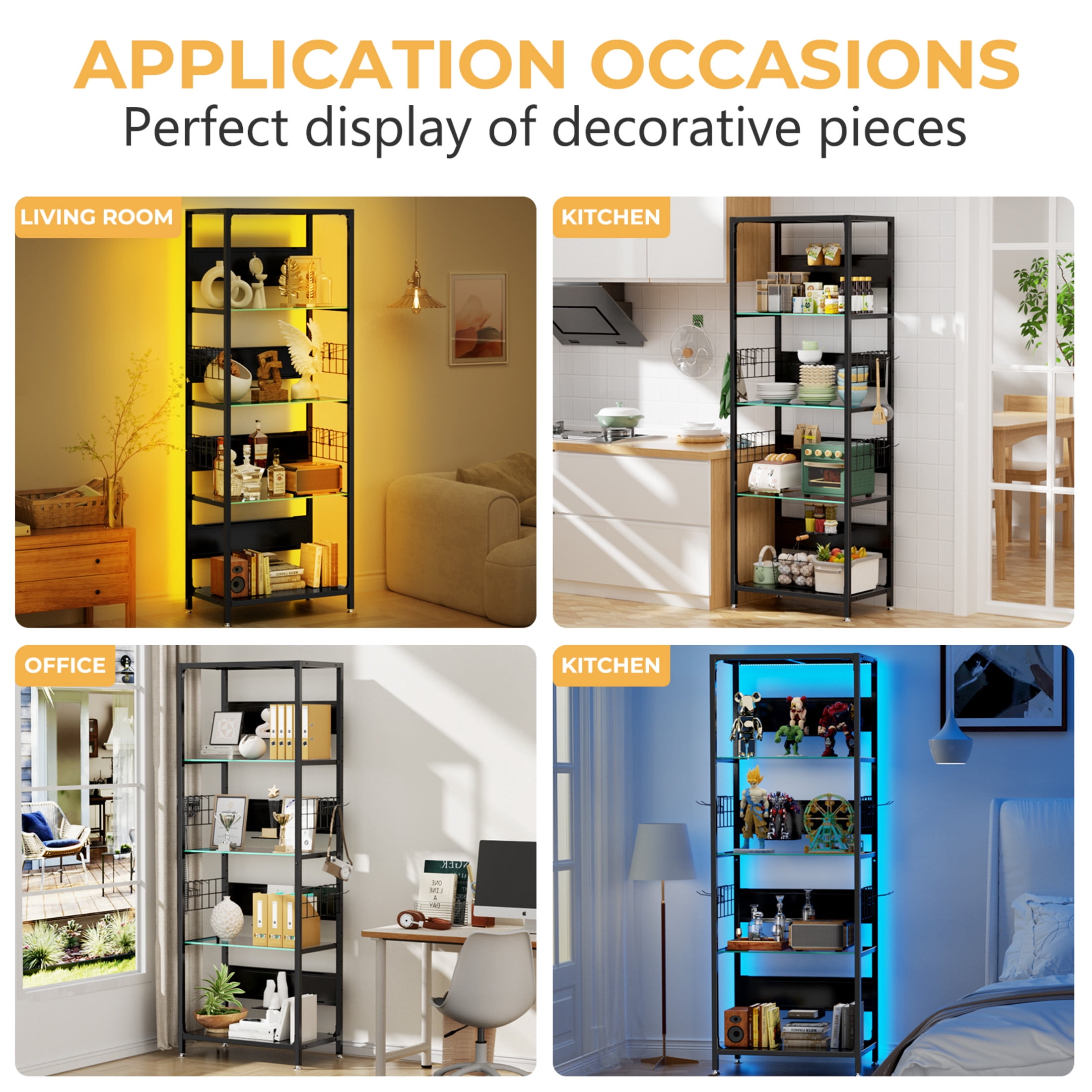 Noble House LED Lighted Curio Cabinet, 4-Tier Glass Display Stand, Adjustable Metal Frame Shelf for Living Room, Black