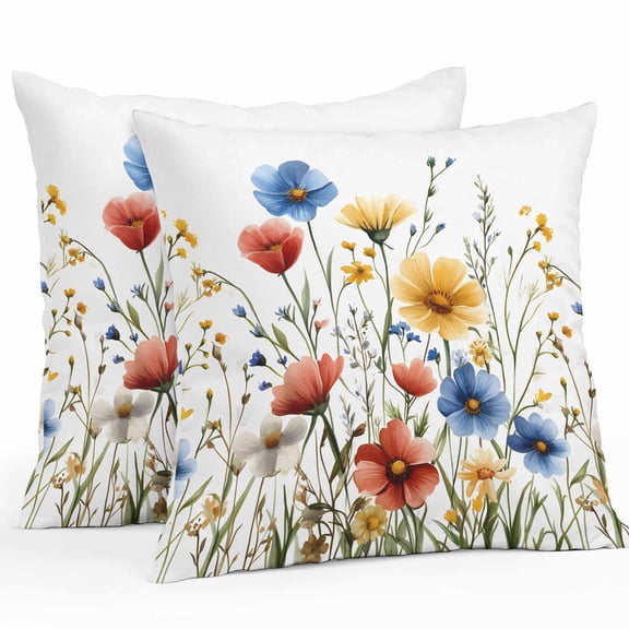 Throw Pillow Covers 26x26 Inch Set of 2, Red Blue Yellow Spring Floral Waterproof Outdoor Pillow Covers, Blooming Summer Botanical Decorative Cushion Pillowcases for Couch, Sofa, Bed, Garden, Patio