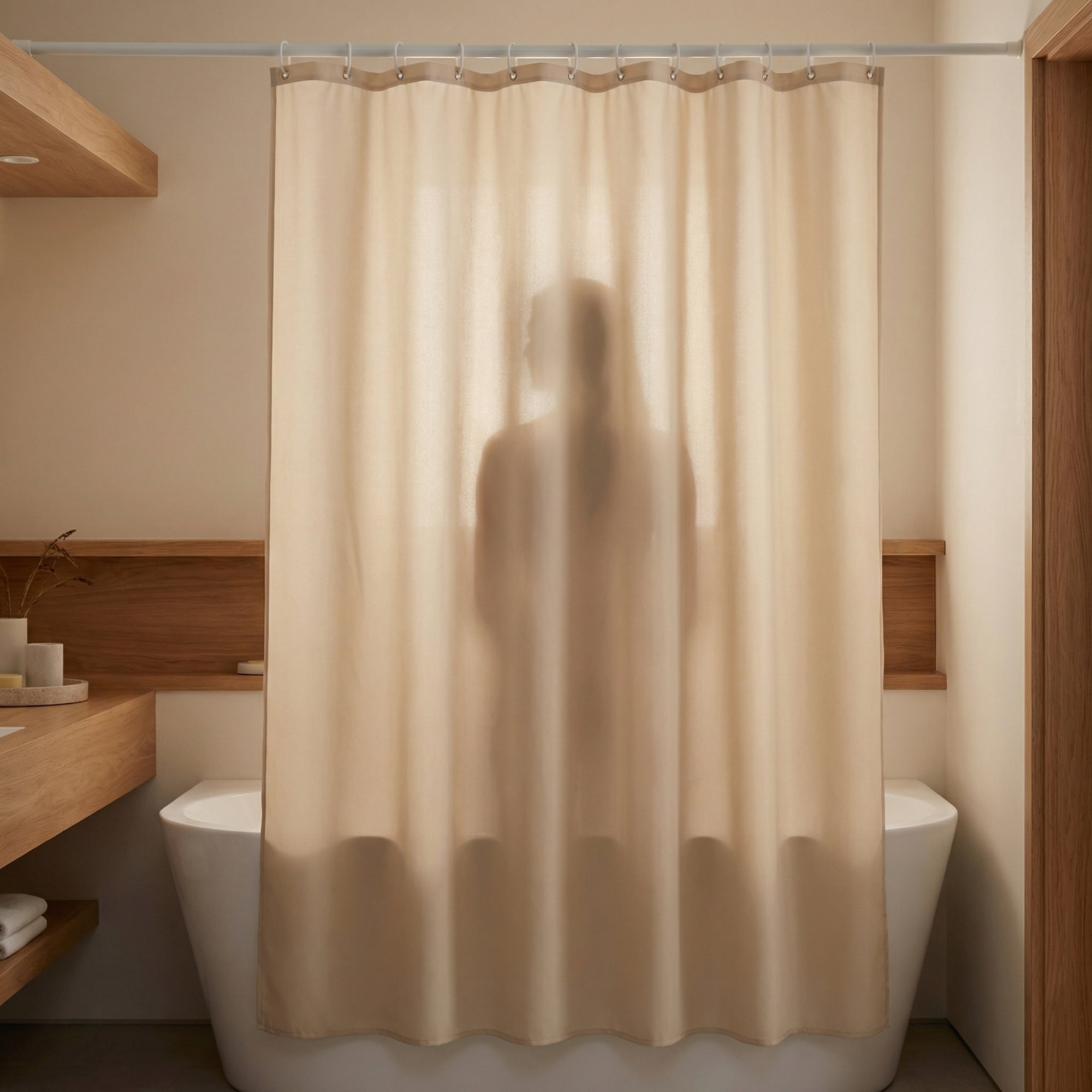 Unique Bargains Solid Polyester Shower Curtain Sets with 12 Hooks Beige 71"W x 71"L