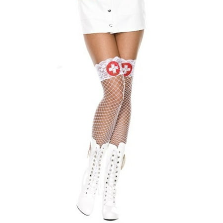 

Music Legs Fishnet Nurse Thigh Highs White/Red One Size Fits Most