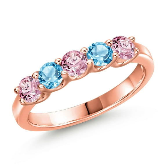 Gem Stone King 18K Rose Gold Plated Silver Pink Lab Grown Diamond and Swiss Blue Topaz Wedding-Bands Ring for Women | 0.94 Cttw | Round 3.5MM | Gemstone April Birthstone | Size 8