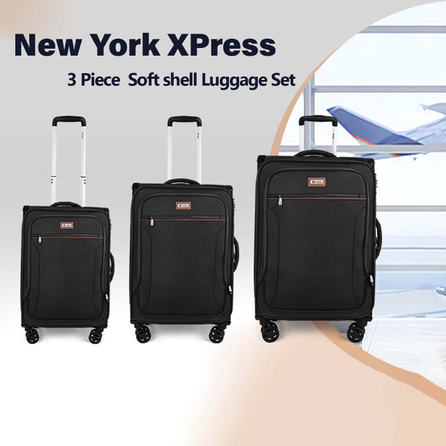3 Piece Softside Luggage Set, Expandable Soft Shell Spinner Luggage with Front Opening, Lightweight Durable Suitcase TSA Lock Approved, 20"/26"/28", Black(XJ1097)