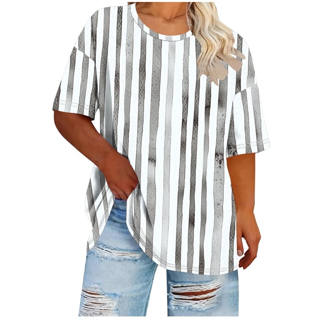 Hauts pour Femmes Grande Taille, T-Shirts Décontractés à Manches Courtes, Blouse Imprimée à Col Rond, T-Shirts d'Été Coupe Ample pour Usage Quotidien, Hauts Basiques pour les Vacances de Printemps