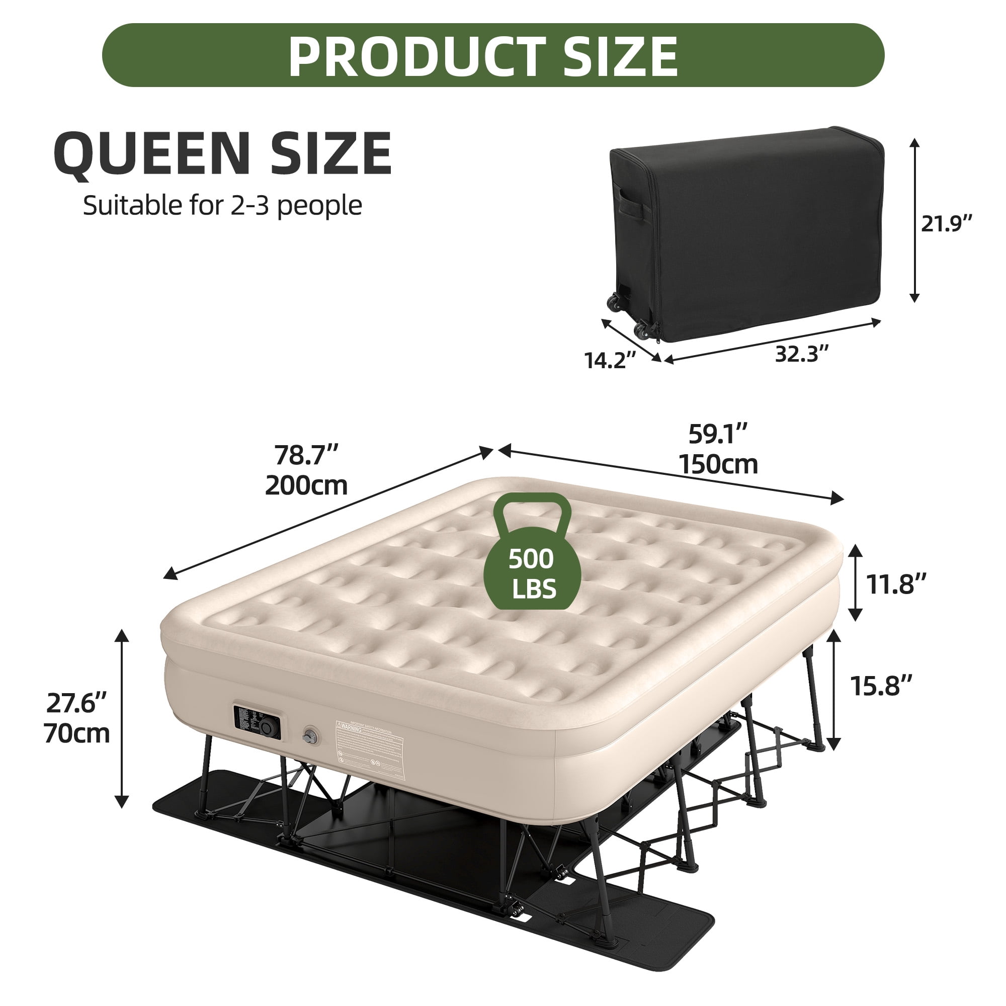 Uforic Queen Inflatable Air Bed with Folding Frame and Rolling Bag, Built-in Pump Blow Up Mattress, Portable Air Mattress for Camping, Guest Room and Travel, 79 x 59 x 28 Inches, Brown