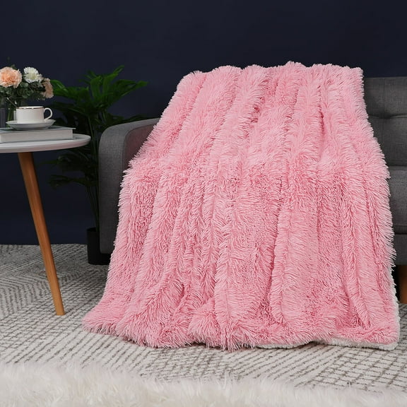 PiccoCasa Faux Fur Blanket Soft Warm Reversible Shaggy Pink Throw/130 x 160cm/50" x 60"
