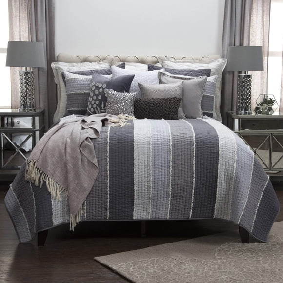 Edredón de algodón Rizzy Home BQ4195, 270 x 234 cm, rayas blancas y grises