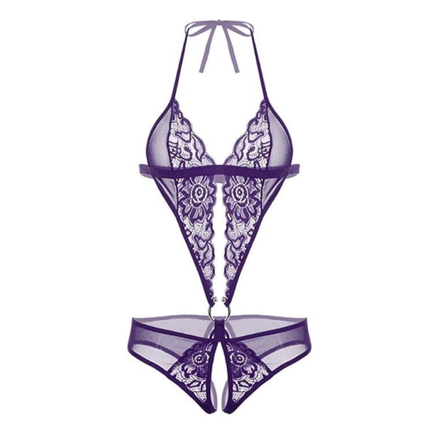 Gibobby Tangas de mujer sexy encaje Día de San Valentín Body de lencería con escote en V profundo para mujer Halter(Morado, G)