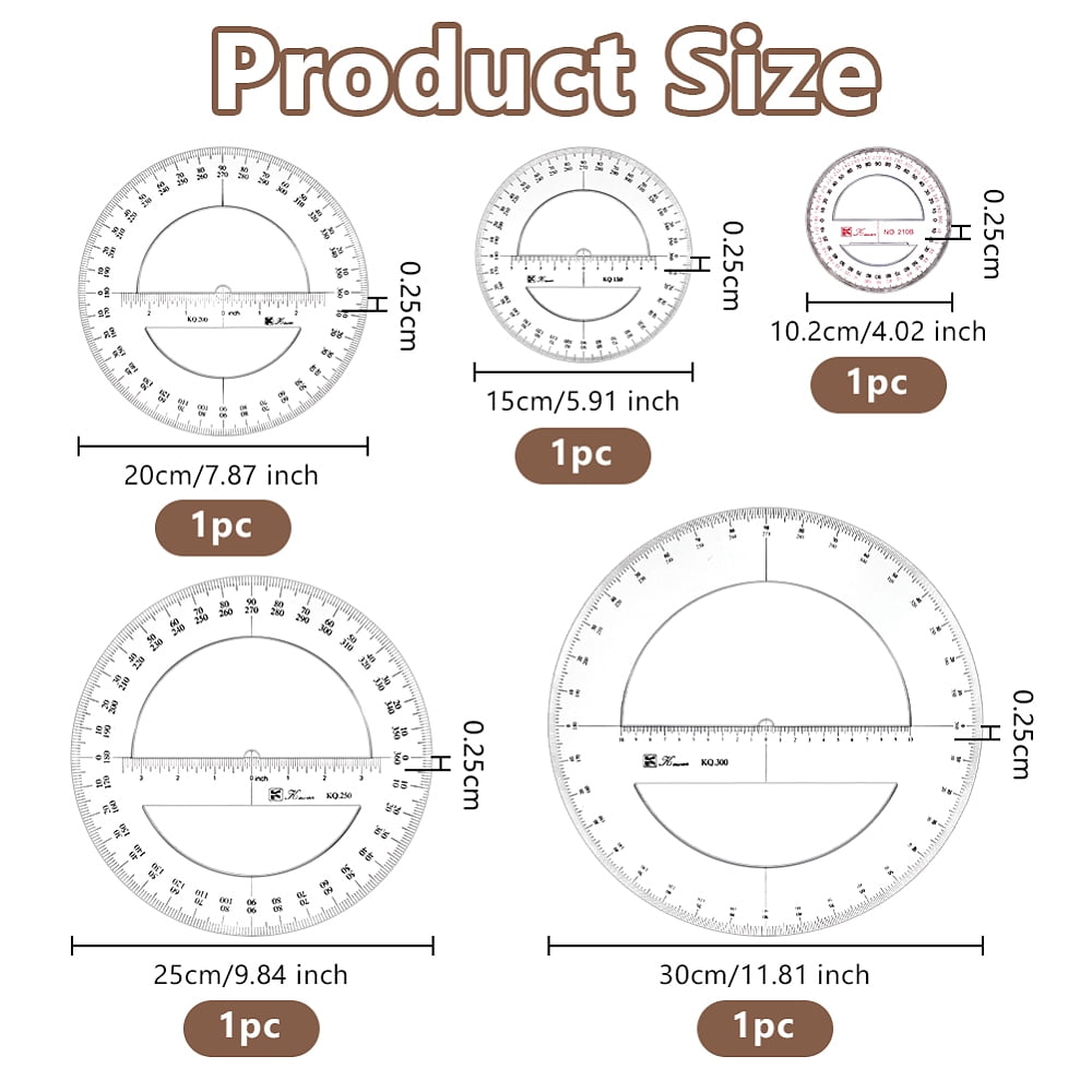 5Pcs 5 Styles Plastic 360 Degree Protractor Ruler Flat Round Clear 102~300x2.5mm 1pc/style