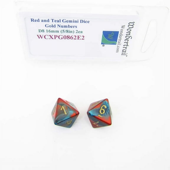 Red and Teal Gemini Dice with Gold Numbers D8 Aprox 16mm (5/8in) Pack of 2 Wondertrail