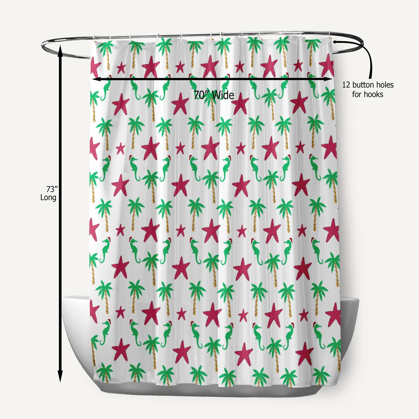 Simply Daisy 70" W x 73" L Christmas Beach Pattern Polyester Shower Curtain, Holiday Pink [1 Ct]