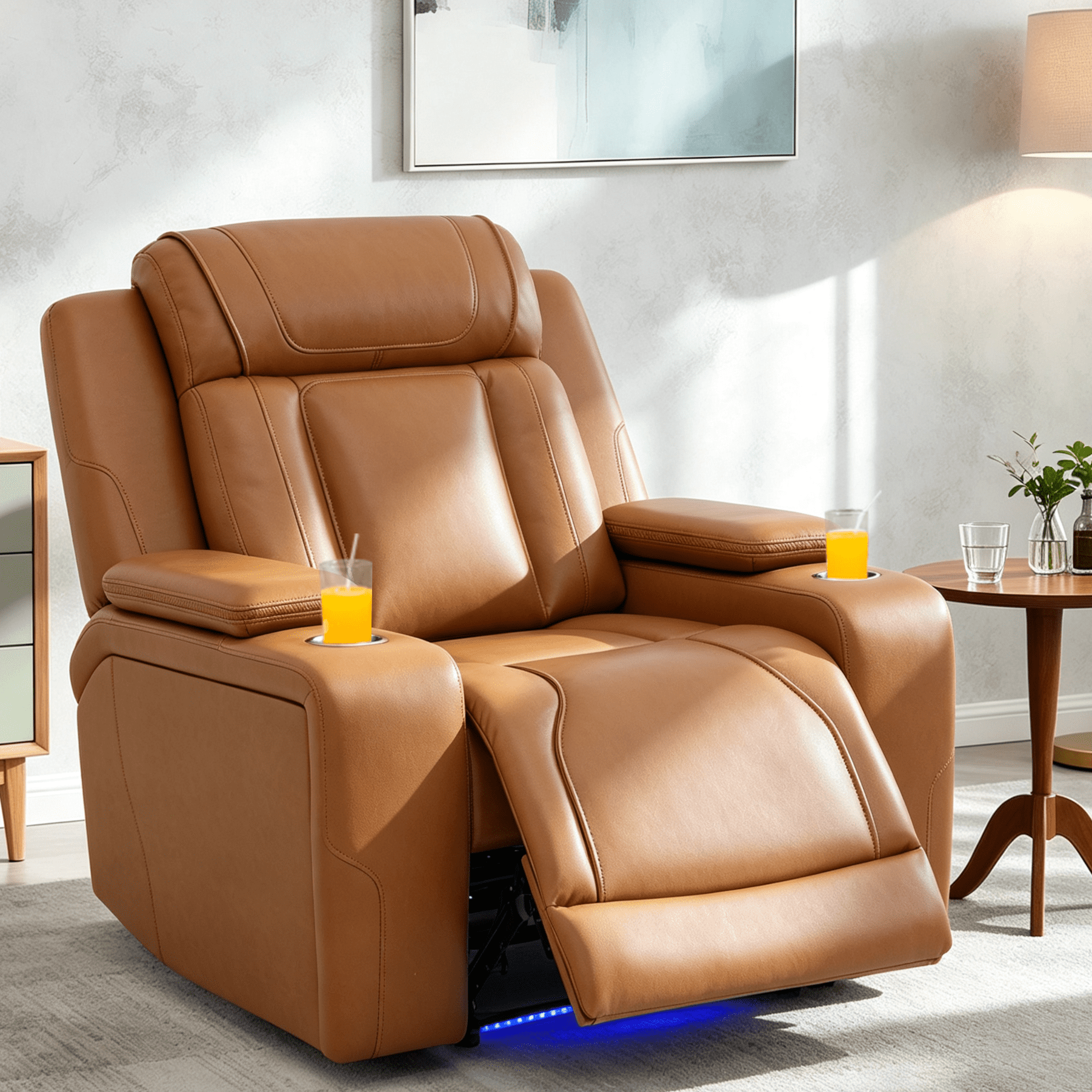 Gewnee Power Recliner Chair, Adjustable Reclining Lounge Chair with USB Ports, LED Lights & Cup Holders, Air Leather Upholstered Single Sofa Recliner for Living Room, Office, Orange Yellow