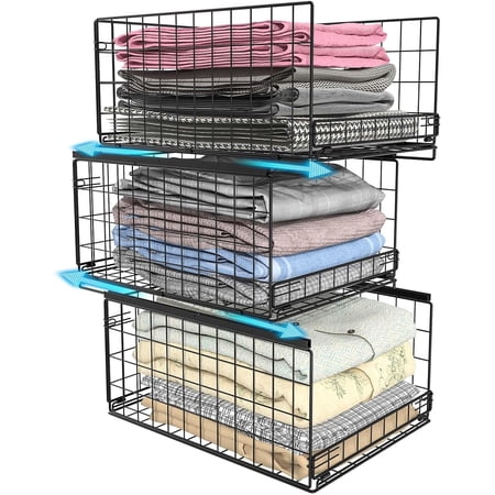 3-tier Sliding Closet Organizer Drawer, x-Cosrack Metal Stackable Storage Bins,Wardrobe Cupboard Organizer Shelf for Clothes Jean Pants Sweaters,Black