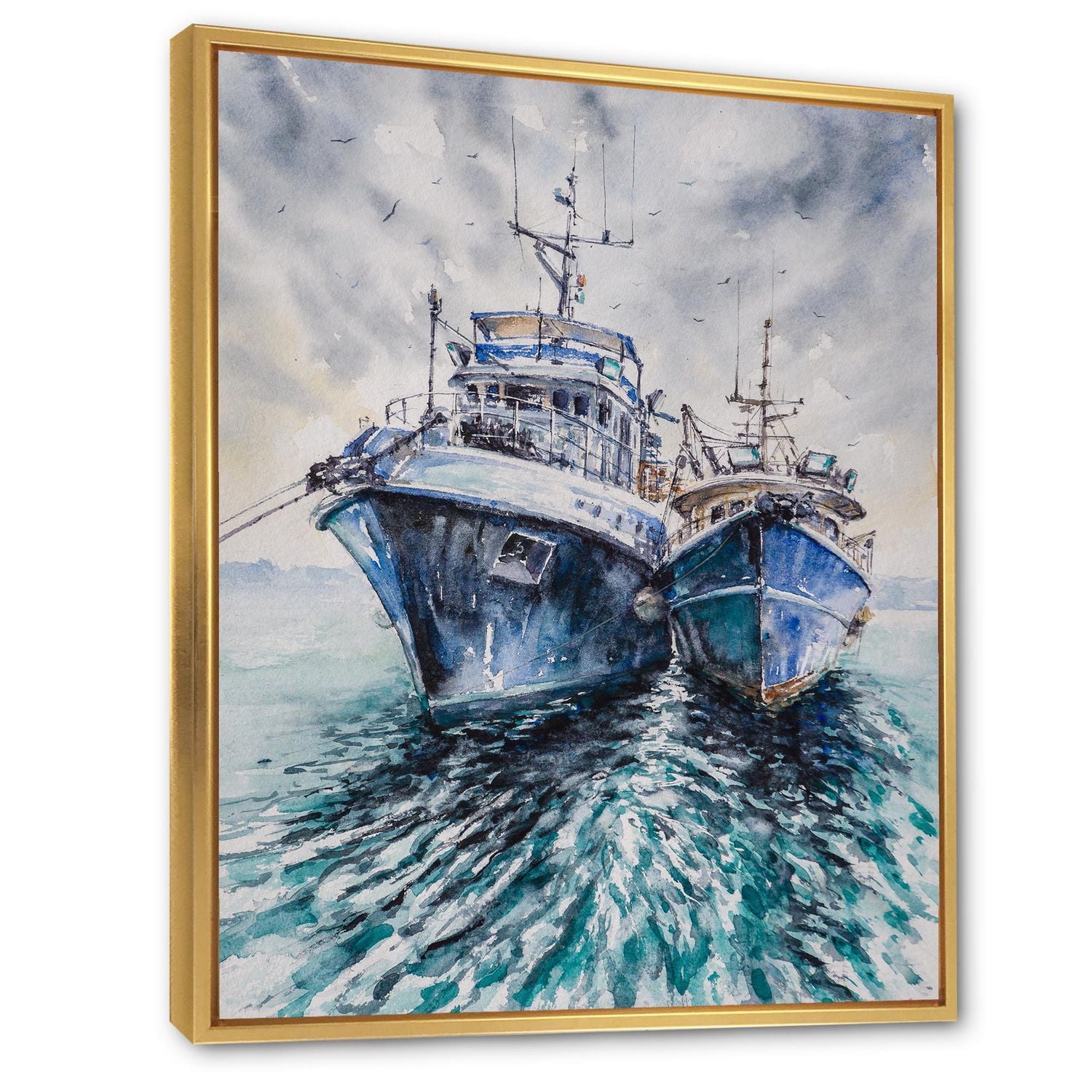 Designart Two Fishing Boats Before A Storm Anchored FLOAT FRAME WALL ART