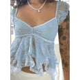 thumbnail image 3 of Women Y2k Lace Crop Top Summer Cap Sleeve Sheer Irregular Hem Shirt Tanks Tops Coquette Clothes, 3 of 6
