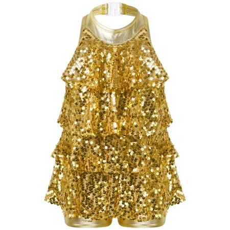 Manyakai Youth Girls Shiny Sequins Latin Ballet Leotard Dance Camisole Dress Dancing Class Training Gold 16