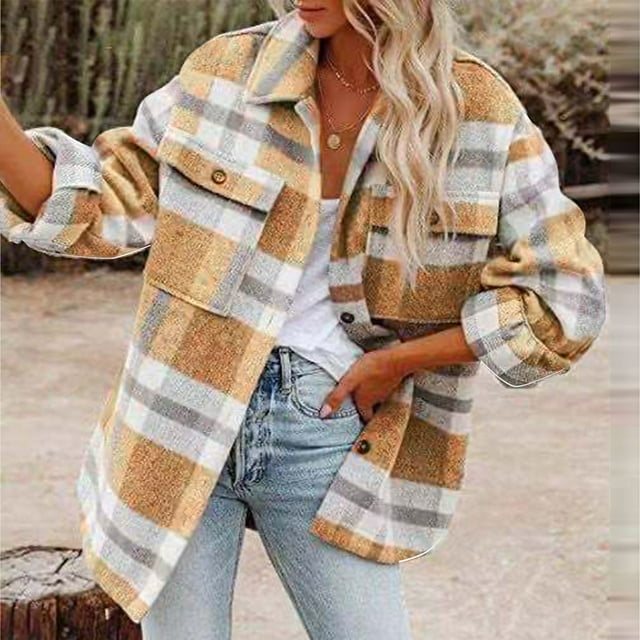 Qertyioot Femmes Automne Hiver à Carreaux Imprimé Manches Longues Col Rabattu Cardigan Manteau Hauts