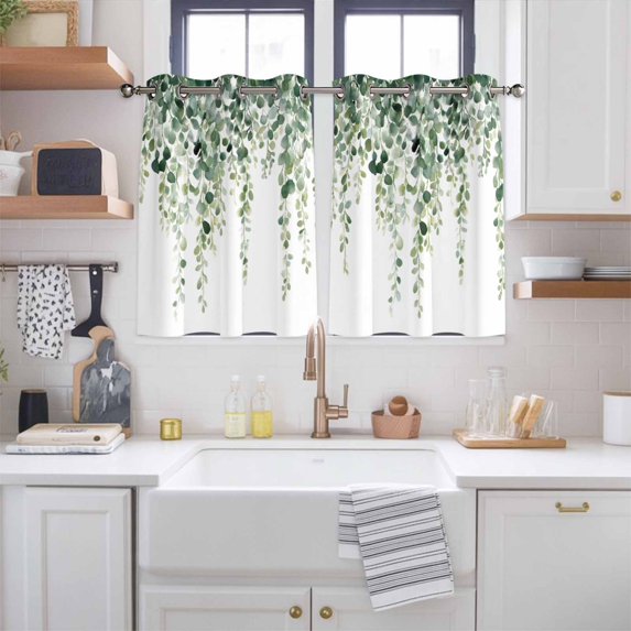 Green Eucalyptus Branches Kitchen Curtains Short 45 Inch Length, Spring Botanical Leaves Vines Grommet Top Bedroom Living Room Curtains, Light Filtering Cafe Curtain Drapes 2 Panels Set 84''x45''
