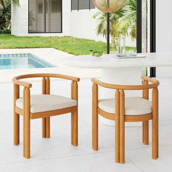 Christopher Knight Home Outdoor Armrest Dining Chairs, Wood Frame, Teak Finish with Beige Cushion, Set of 2