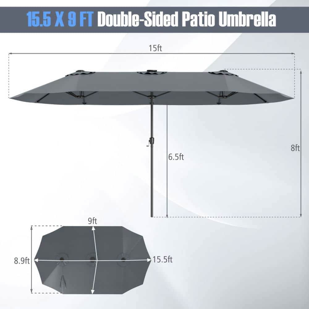 Demifill 15.5 FT Extra-Large Patio Umbrella, Outdoor Shade with LED Solar Lights and Crank Handle for Outdoor, Gray