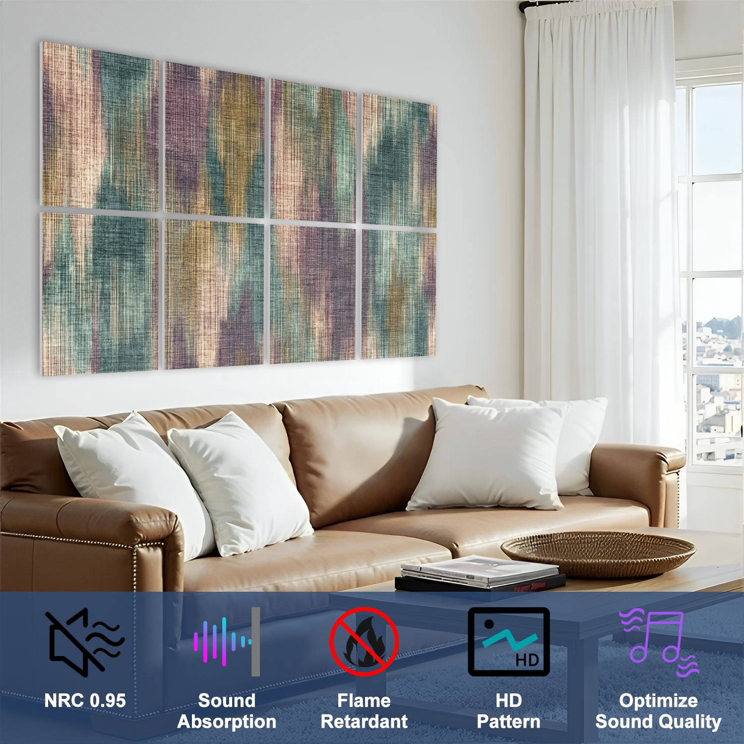 8 Pack Art Acoustic Panels Sound Absorbing Abstract Multi Color Striped Decorative Soundproof Wall Panels Self Adhesive for Nursery Game Room Bedroom 48"x32"