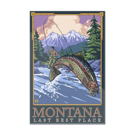 Montana, Last Best Place - Angler Fly Fishing Scene (Leaping Trout) - Lantern Press Original Poster (8x12 Acrylic Wall Art Gallery