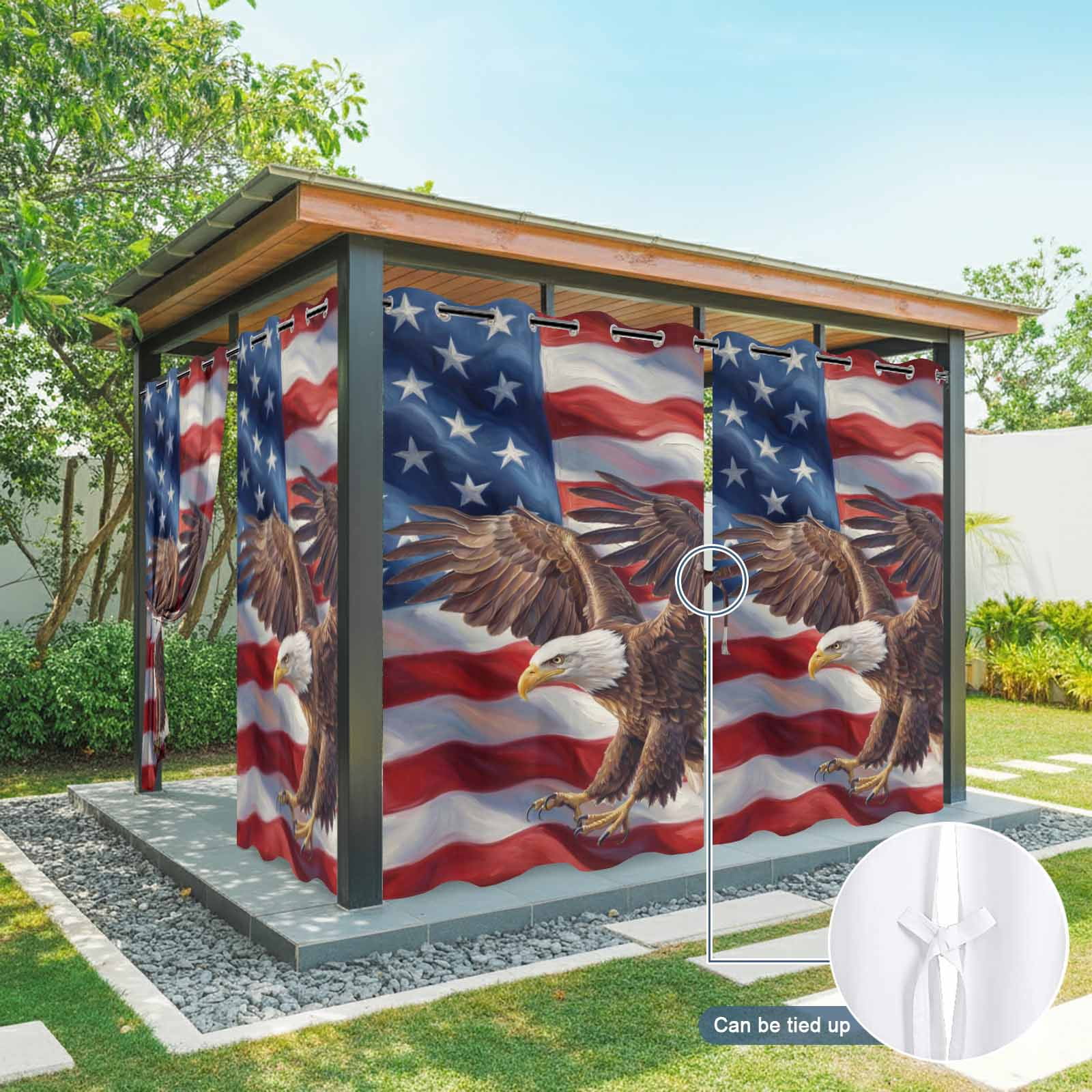 Independence Day Outdoor Curtains for Patio, Watercolor U. S. Flag Soaring Bald Eagle Sunshade Privacy Drapes Grommet Waterproof Outside Curtains for Porch/Cabana/Balcony 54"x 108", 1 Panel