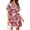 thumbnail image 2 of Short Sleeve Women Floral Print Loose Fit Lapel V-neck Casual Mini Dress, 2 of 6