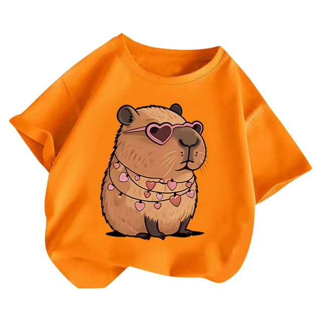 Tee Shirt Enfant Été Manches Courtes T Shirt Col Rond Imprimé Haut Quotidien Tee Shirts Filles Orange 2 Ans-4 Ans