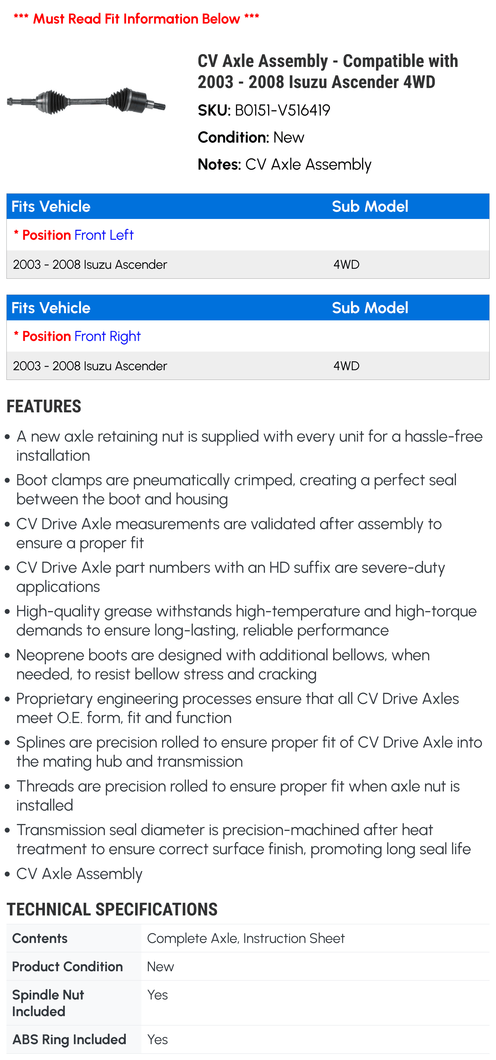 CV Axle Assembly - Compatible with 2003 - 2008 Isuzu Ascender 4WD 2004 2005 2006 2007
