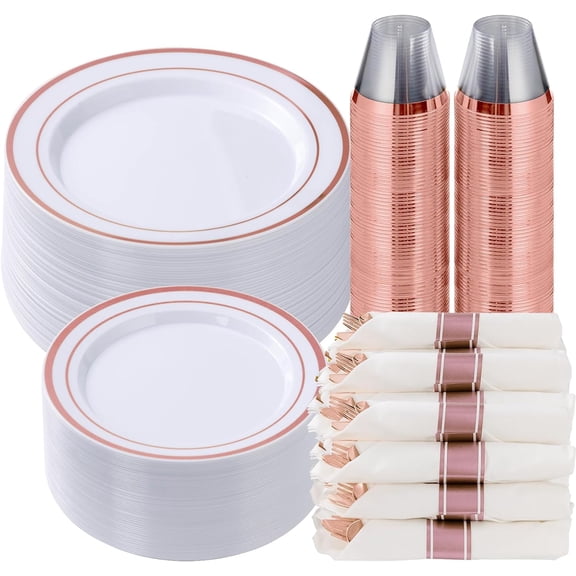 Goodluck 350 Piece Disposable Dinnerware Set for 50 Guests, Rose Gold Plastic Plates, Cups, Pre Rolled Napkins with Silverware for Party