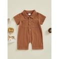 thumbnail image 2 of FEORJGP Infant Boy Summer Cotton Linen Jumpsuit Newborn 3M 6M 12M 18M Lapel Shirt Overalls Solid Color Short Sleeve Bodysuit Front Button Romper Toddler Baby Casual Daily Clothes, 2 of 9